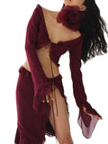 Poshoot Burgundy Chiffon Ruffled Trim Tie Front Long Sleeve Tee & Split Skirt Set