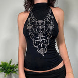 Poshoot Camisole Gothic Women's Clothes Aesthetic Sexy Tank Top Black Slim Rhinestone Corset Top EMO Girl Harajuku Crop Tops Punk Camis