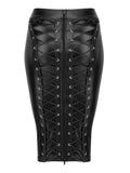 Poshoot Black Gothic Faux Leather Midi Skirt with Back Zipper Lace