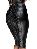 Poshoot Black Gothic Faux Leather Midi Skirt with Back Zipper Lace