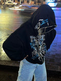 Poshoot Black Zip-Up Hoodie with Rhinestones and Face Logo