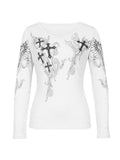 Poshoot White Vintage Grunge Ribbed Top with Cross Print and Rhinestones