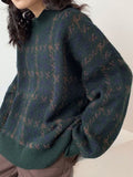 Poshoot Green Vintage Knit Sweater with Plaid Pattern