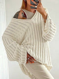 Poshoot Classic Striped Loose Knit V Neck Pullover Sweater