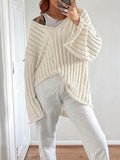 Poshoot Classic Striped Loose Knit V Neck Pullover Sweater