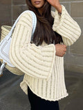 Poshoot Classic Striped Loose Knit V Neck Pullover Sweater