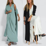 Poshoot Women Elegant Cardigan Dress Set Solid Long-sleeved Loose Jacket Slit Sleeveless Dresses Ladies Casual Office Street Vacation