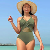 Poshoot Women One-Pieces Solid Swimsuits Sexy Swimwear Bathing Suits Rib Mesh V-neck Swimsuit Bathing Suit Beach Pool Bather summer