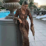 Poshoot Women Spring Summer Leopard Ruffle Split Dress Sexy Lace Up V Neck Long Sleeve Bodycon Maxi Dresses Female Party Club Vestidos