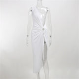 Poshoot Hollow Out Women Midi Beach Dress White One Shoulder Sleeveless 2024 Summer Y2K Sexy Dresses Bodycon Party Nightclub Beach Robes