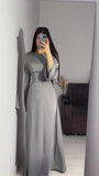 Poshoot Chic Long Round Neck Satin Flare Sleeve Maxi Dress Silk Lace Up Slim Skirt Evening Party Dresses Solid Elegant Bandage Robes