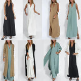 Poshoot Women Elegant Cardigan Dress Set Solid Long-sleeved Loose Jacket Slit Sleeveless Dresses Ladies Casual Office Street Vacation