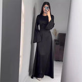 Poshoot Chic Long Round Neck Satin Flare Sleeve Maxi Dress Silk Lace Up Slim Skirt Evening Party Dresses Solid Elegant Bandage Robes