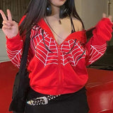 Poshoot 2000s Red Spider Web Print Oversized Sweatshirt Gothic Harajuku Zipper Jacket Clothes Punk Winter Woman Men Hoodie Couple Outfit