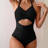 Poshoot Sexy solid jumpsuit women bikini set waist hollowed out swimsuit women fashion cross back swimsuit women summer