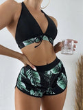 Poshoot Women Sexy Beach Bikinis Three Pieces Bikini Set High Waist Swimsuit Swimwear Leaf Print Bathing Suit Women Beachwear Bath Suit