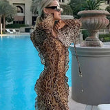 Poshoot Women Spring Summer Leopard Ruffle Split Dress Sexy Lace Up V Neck Long Sleeve Bodycon Maxi Dresses Female Party Club Vestidos