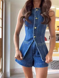 Poshoot Office Lady White Denim 2pcs Clothes Set Sleeveless Slit O Neck Top High Waist Wide Short Suit Fashion Casual Shorts Pants 2024