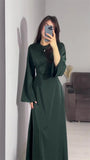 Poshoot Chic Long Round Neck Satin Flare Sleeve Maxi Dress Silk Lace Up Slim Skirt Evening Party Dresses Solid Elegant Bandage Robes