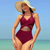 Poshoot Women One-Pieces Solid Swimsuits Sexy Swimwear Bathing Suits Rib Mesh V-neck Swimsuit Bathing Suit Beach Pool Bather summer