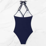 Poshoot Women One-Pieces Solid Swimsuits Sexy Swimwear Bathing Suits Rib Mesh V-neck Swimsuit Bathing Suit Beach Pool Bather summer