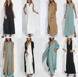 Poshoot Women Elegant Cardigan Dress Set Solid Long-sleeved Loose Jacket Slit Sleeveless Dresses Ladies Casual Office Street Vacation