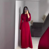 Poshoot Chic Long Round Neck Satin Flare Sleeve Maxi Dress Silk Lace Up Slim Skirt Evening Party Dresses Solid Elegant Bandage Robes