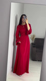 Poshoot Chic Long Round Neck Satin Flare Sleeve Maxi Dress Silk Lace Up Slim Skirt Evening Party Dresses Solid Elegant Bandage Robes