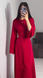 Poshoot Chic Long Round Neck Satin Flare Sleeve Maxi Dress Silk Lace Up Slim Skirt Evening Party Dresses Solid Elegant Bandage Robes