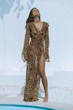 Poshoot Women Spring Summer Leopard Ruffle Split Dress Sexy Lace Up V Neck Long Sleeve Bodycon Maxi Dresses Female Party Club Vestidos