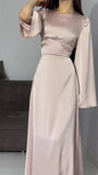 Poshoot Chic Long Round Neck Satin Flare Sleeve Maxi Dress Silk Lace Up Slim Skirt Evening Party Dresses Solid Elegant Bandage Robes