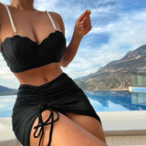 Poshoot Women Solid Color Swimsuit Off Shoulder Sexy Suspender Pure Cotton Swimsuit Fashion Backless Beach Split Swimsuit summer