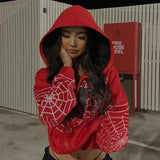 Poshoot 2000s Red Spider Web Print Oversized Sweatshirt Gothic Harajuku Zipper Jacket Clothes Punk Winter Woman Men Hoodie Couple Outfit