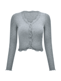 Poshoot Lace Trim Button Front Knit Crop Top  Christmas Gifts