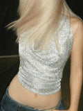 Poshoot Silver Punk Metallic Halter Cropped Tank Top