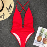 Poshoot-Multi-Way Low Back High Leg Brazilian One Piece Swimsuit - Red