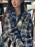 Poshoot Vintage Oversized Plaid Button Long Sleeve Blouse