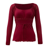 Poshoot Red Vintage Long Sleeve Top with Lace Trim