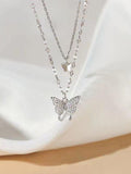 Poshoot Rhinestone Butterfly Pendant Double Layered Necklace