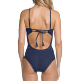 Poshoot-Scalloped Lace Low Back High Neck One Piece Swimsuit - Blue