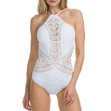 Poshoot-Scalloped Lace Low Back High Neck One Piece Swimsuit - White