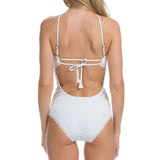 Poshoot-Scalloped Lace Low Back High Neck One Piece Swimsuit - White