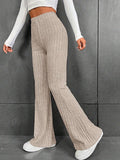 Poshoot Solid Color Ribbed High Waist Flare Leg Pants