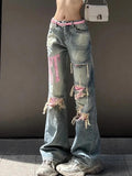 Poshoot Y2K Pink Ripped Embroidery Boyfriend Jeans