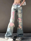 Poshoot Y2K Pink Ripped Embroidery Boyfriend Jeans