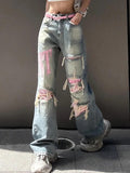 Poshoot Y2K Pink Ripped Embroidery Boyfriend Jeans