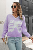 Back to school  Skeleton Pattern V-Neck Long Sleeve Pullover Sweater