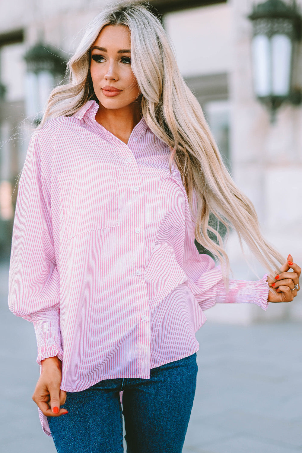 BACK TO COLLEGE   Striped Lantern Sleeve Collared Shirt