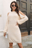 Back to school  Ribbed Cold Shoulder Long Sleeve Sweater Dress