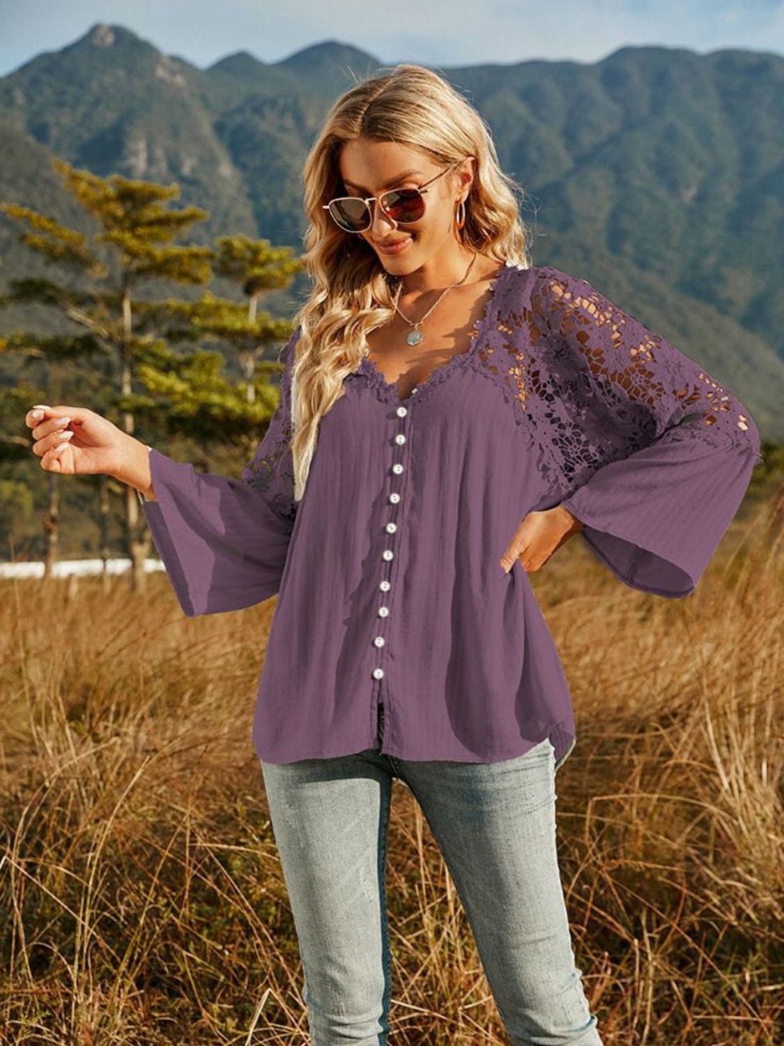 BACK TO COLLEGE   Spliced Lace Buttoned Blouse